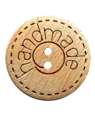 wood button round shape with "handmade"-labeling and 2 holes - Size: 23mm - Color: braun - Art.No.: 311105