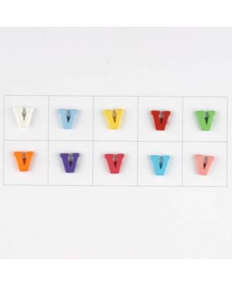 letter V, 10 mixed colours, 3 buttons per colour - Size: 11mm - Color: mixed: red, pink, orange, lilac, blue, yellow, green, white, light blue,rose - Art.-Nr.: 181354