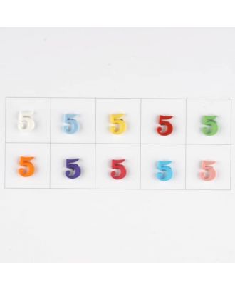 number 5, 10 mixed colours, 3 buttons per colour - Size: 11mm - Color: mixed: red, pink, orange, lilac, blue, yellow, green, white, light blue,rose - Art.-Nr.: 181364