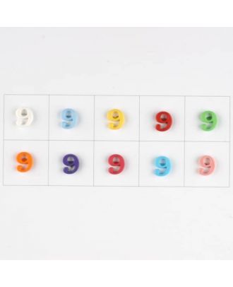 number 9, 10 mixed colours, 3 buttons per colour - Size: 11mm - Color: mixed: red, pink, orange, lilac, blue, yellow, green, white, light blue,rose - Art.-Nr.: 181368